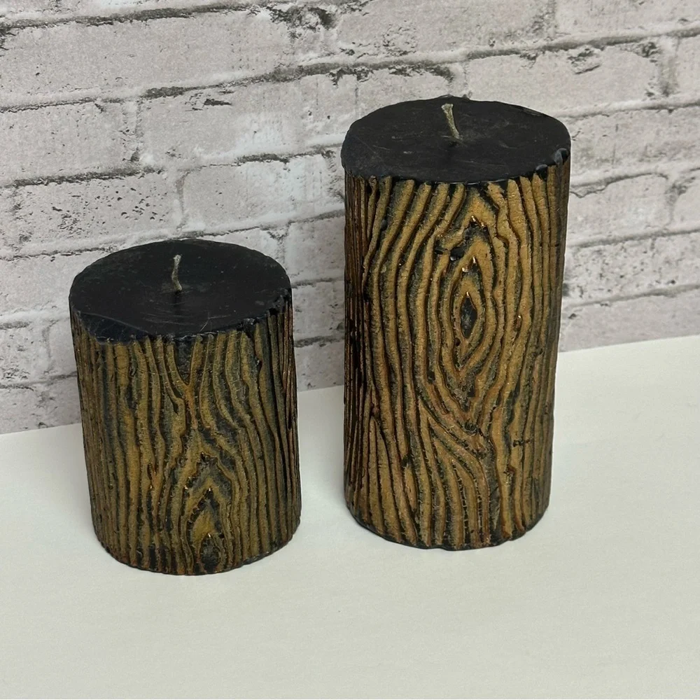 Log Wood Design Black Gold Candles Set of 2